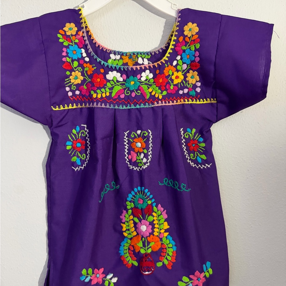 Vibrant Purple Kids Casual Dress with Floral Embroidery